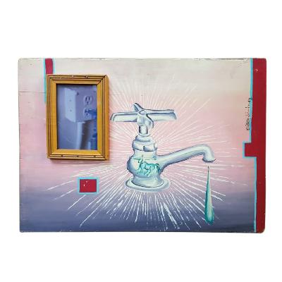 Cisco Jiménez. Llave escurriendo. Acrílico y collage sobre tabla