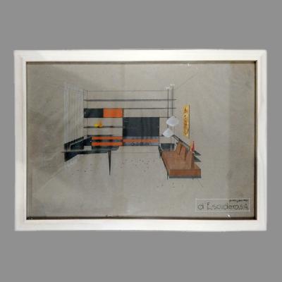 Eugenio Escudero. Boceto con librero, lámparas de techo y sofá de 3 plazas. Lápices de color sobre papel