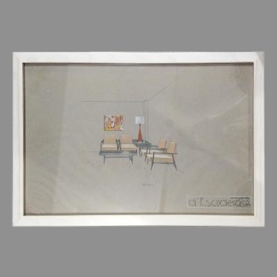 Eugenio Escudero. Boceto con sillones y lámpara roja. Lápices de color sobre papel