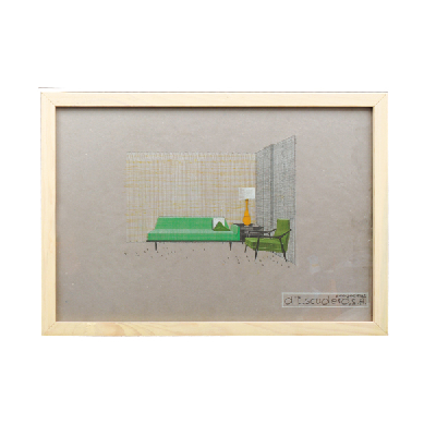 Eugenio Escudero. Boceto con sofá y sillón verdes. Lápices de color sobre papel