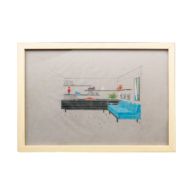 Eugenio Escudero. Boceto con credenza y sofá azul. Lápices de color sobre papel