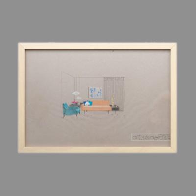 Eugenio Escudero. Boceto con sofá naranja y sillón azul. Lápices de color sobre papel