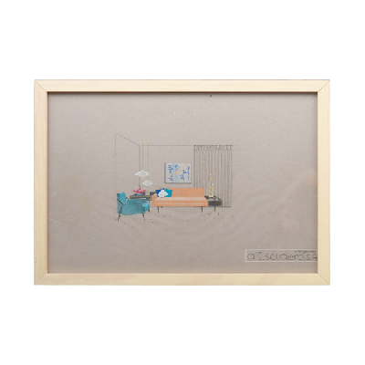 Eugenio Escudero. Boceto con sofá naranja y sillón azul. Lápices de color sobre papel