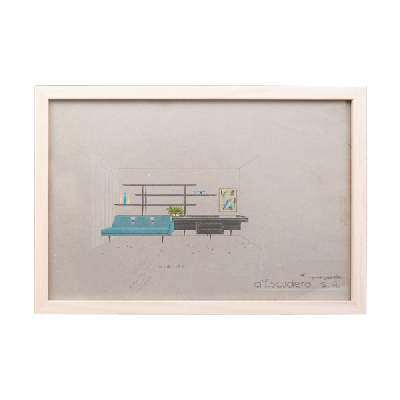 Eugenio Escudero. Boceto con sofá azul y librero. Lápices de color sobre papel
