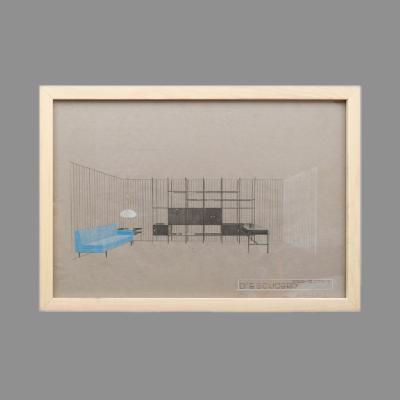 Eugenio Escudero. Boceto con sofá azul y librero negro. Lápices de color sobre papel