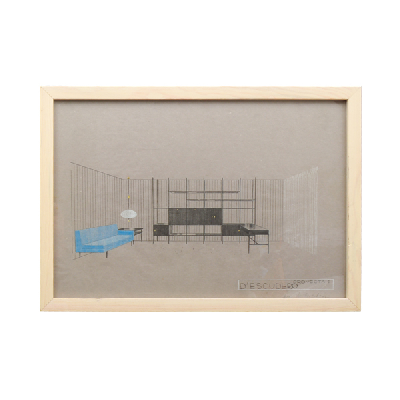 Eugenio Escudero. Boceto con sofá azul y librero negro. Lápices de color sobre papel