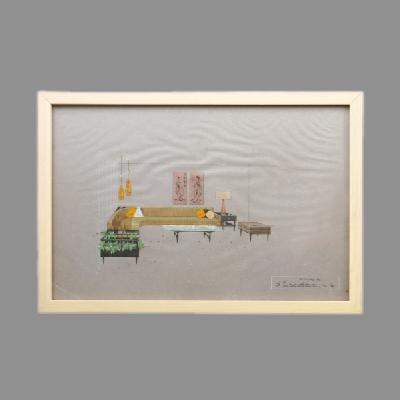 Eugenio Escudero. Boceto con sofá ocre y jardineras. Lápices de color sobre papel
