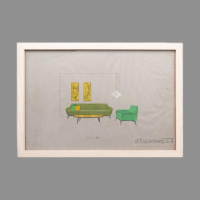 Eugenio Escudero. Boceto con love seat verde. Lápices de color sobre papel