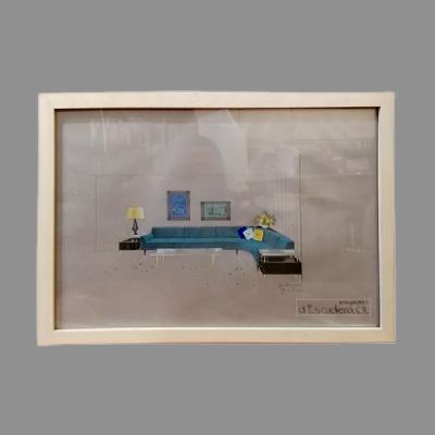 Eugenio Escudero. Boceto con sofá azul. Lápices de color sobre papel