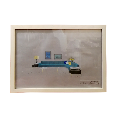 Eugenio Escudero. Boceto con sofá azul. Lápices de color sobre papel