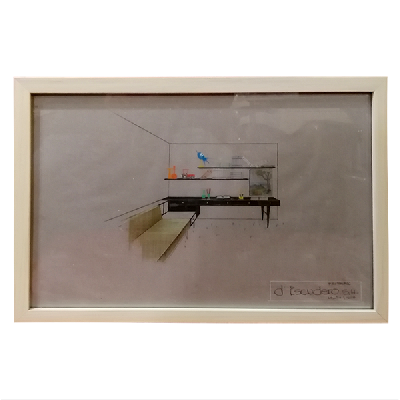 Eugenio Escudero. Boceto con escritorio negro y sofá verde. Lápices de color sobre papel