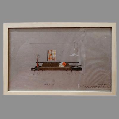 Eugenio Escudero. Boceto con sofá café y lámpara de techo. Lápices de color sobre papel