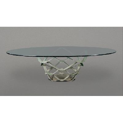 Reflex. Mesa de comedor Neolitica en acero patinado con cubierta oval de vidrio