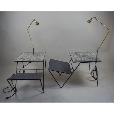 Línea Acapulco Trouvé. Par de mesas laterales en acero negro con lámparas