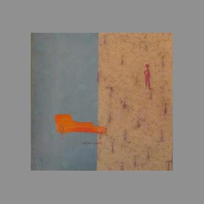 P_2 Pintura con sofá naranja con fondo amarillo y azul